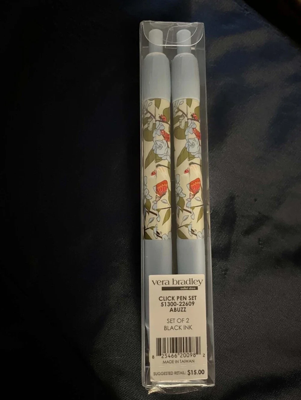 Vera Bradley Abuzz Set Of Two Click Pens With Lady Bugs Butteflies